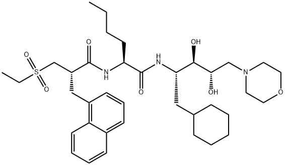 N-[(1R,2R,3R)-1-シクロヘキシルメチル-2,3-ジヒドロキシ-4-モルホリノブチル]-Nα-[(2S)-2-エチルスルホニル-2-(1-ナフチルメチル)-1-オキソプロピル]-L-ノルロイシンアミド 化学構造式