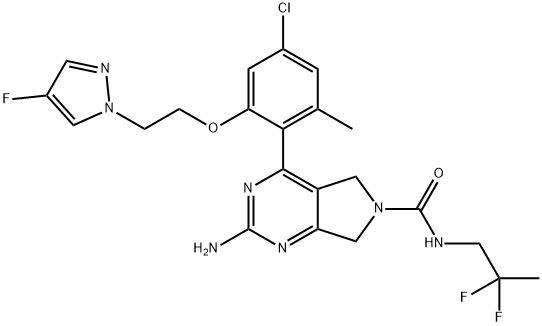 2-アミノ-4-(4-クロロ-2-(2-(4-フルオロ-1H-ピラゾール-1-イル)エトキシ)-6-メチルフェニル)-N-(2,2-ジフルオロプロピル)-5H-ピロロ[3,4-D]ピリミジン-6(7H)-カルボキサミド 化学構造式