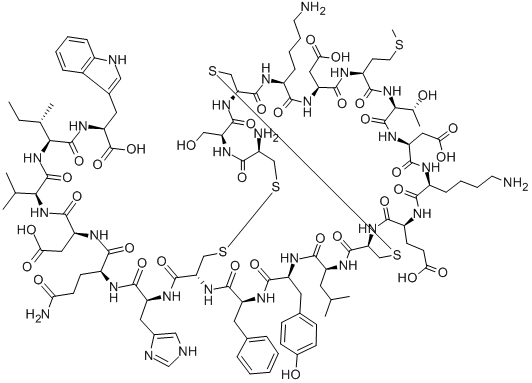 CYS-SER-CYS-LYS-ASP-MET-THR-ASP-LYS-GLU-CYS-LEU-TYR-PHE-CYS-HIS-GLN-ASP-VAL-ILE-TRP (DISULFIDE BRIDGE: CYS1-CYS15, CYS3-CYS11) 结构式