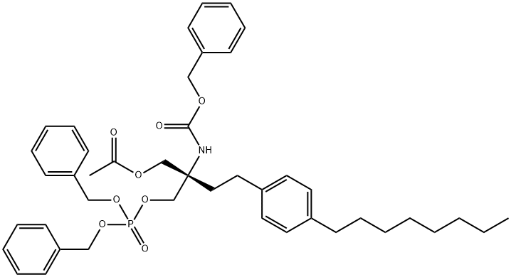 (S)-2-(Benzyloxycarbonyl)amine-2-(acetoxy)methyl-1-(dibenzyl) phosphoryloxy-4-(4-octylphenyl)butane Struktur