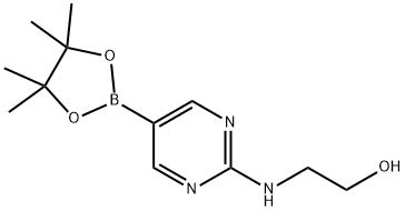 2-(2-ヒドロキシエチルアミノ)ピリミジン-5-ボロン酸ピナコールエステル 化学構造式