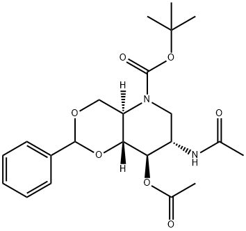 2-ACETAMIDO-3-O-ACETYL-4,6-O-BENZYLIDENE-N-(TERT-BUTOXYCARBONYL)-1,2,5-TRIDEOXY-1,5-IMINO-D-GLUCITOL, 1221795-92-1, 结构式