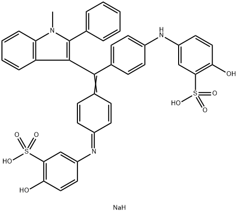 sodium hydrogen -2-hydroxy-5-[[4-[[4-[(4-hydroxy-3-sulphonatophenyl)amino]phenyl](1-methyl-2-phenyl-1H-indol-3-yl)methylene]-2,5-cyclohexadien-1-ylidene]amino]benzenesulphonate,12219-30-6,结构式