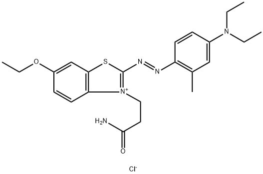 3-(3-アミノ-3-オキソプロピル)-2-[[4-(ジエチルアミノ)-2-メチルフェニル]アゾ]-6-メチルベンゾチアゾール-3-イウム・クロリド 化学構造式