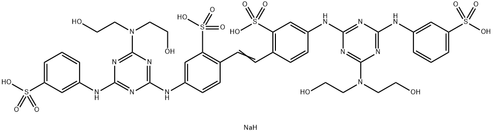 2,2'-(1,2-エテンジイル)ビス[5-[[4-[ビス(2-ヒドロキシエチル)アミノ]-6-[(3-ソジオオキシフェニル)アミノ]-1,3,5-トリアジン-2-イル]アミノ]ベンゼンスルホン酸ナトリウム] 化学構造式