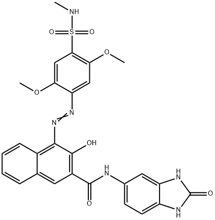 N-(2,3-dihydro-2-oxo-1H-benzimidazol-5-yl)-3-hydroxy-4-[[2,5-dimethoxy-4-[(methylamino)sulphonyl]phenyl]azo]naphthalene-2-carboxamide Struktur