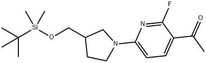 1-(6-(3-((tert-Butyldimethylsilyloxy)methyl)-pyrrolidin-1-yl)-2-fluoropyridin-3-yl)ethanone Struktur
