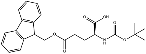 N-(tert-ブチルオキシカルボニル)-L-グルタミン酸1-(9H-フルオレン-9-イルメチル) 化学構造式