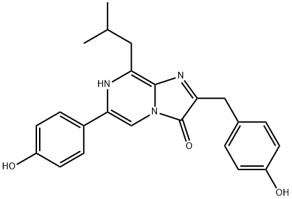 Imidazo[1,2-a]pyrazin-3(7H)-one,  6-(4-hydroxyphenyl)-2-[(4-hydroxyphenyl)methyl]-8-(2-methylpropyl)- Struktur