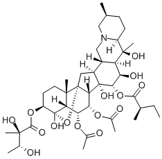 4α,9-エポキシセバン-3β,4β,6α,7α,14,15α,16β,20-オクタオール6,7-ジアセタート3-[(2R,3R)-2,3-ジヒドロキシ-2-メチルブタノアート]15-[(R)-2-メチルブタノアート] 化学構造式