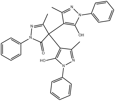 3H-ピラゾール-3-オン,2,4-ジヒドロ-4,4-ビス(5-ヒドロキシ-3-メチル-1-フェニル-1H-ピラゾール-4-イル)-5-メチル-2-フェニル- 化学構造式