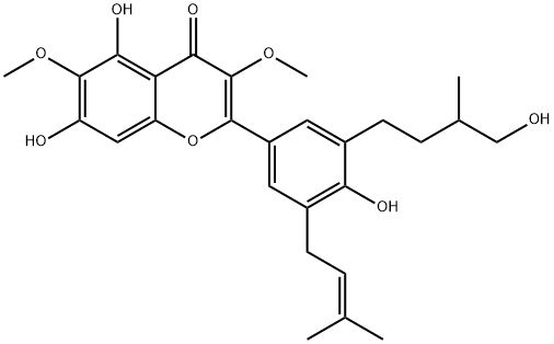 5,7,4'-三羟基-3'-(4-羟基-3-甲基丁基)-5'-(3-甲基丁-2-烯基)-3,6-二甲氧基黄酮 结构式