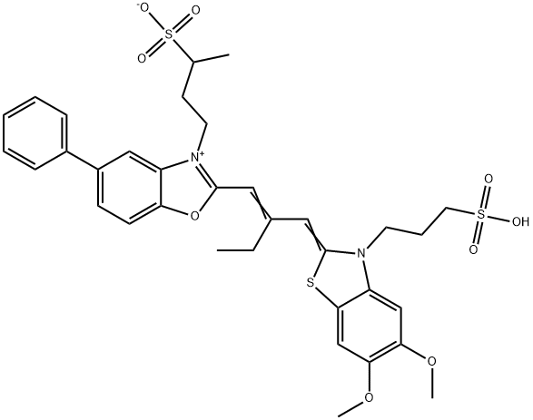 Benzoxazolium, 2-[2-[[5,6-dimethoxy-3-(3- sulfopropyl)-2(3H)-benzothiazolylidene]methyl]-1 -butenyl]-5-phenyl-3-(3-sulfobutyl)-, hydroxide, inner salt Structure