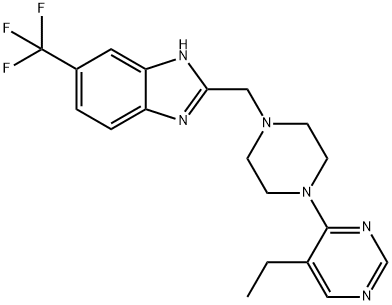 5-(トリフルオロメチル)-2-[[4-(5-エチル-4-ピリミジニル)-1-ピペラジニル]メチル]-1H-ベンゾイミダゾール 化学構造式