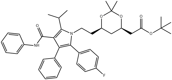 (4R,6R)-2-[6-[2-[2-(4-フルオロフェニル)-5-イソプロピル-3-フェニル-4-(フェニルカルバモイル)ピロール-1-イル]エチル]-2,2-ジメチル-1,3-ジオキサン-4-イル]酢酸 tert-ブチル 化学構造式