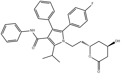 1-[2-[[(2R)-テトラヒドロ-4β-ヒドロキシ-6-オキソ-2H-ピラン]-2α-イル]エチル]-5-(4-フルオロフェニル)-2-イソプロピル-4,N-ジフェニル-1H-ピロール-3-カルボアミド 化学構造式