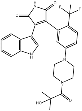 3-{5-[4-(2-ヒドロキシ-2-メチルプロパノイル)ピペラジン-1-イル]-2-(トリフルオロメチル)フェニル}-4-(1H-インドール-3-イル)-1H-ピロール-2,5-ジオン 化学構造式
