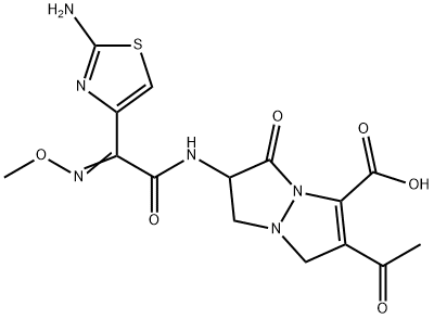 2-アセチル-6-[(2-アミノ-4-チアゾリル)(メトキシイミノ)アセチルアミノ]-6,7-ジヒドロ-5-オキソ-1H,5H-ピラゾロ[1,2-a]ピラゾール-3-カルボン酸 化学構造式