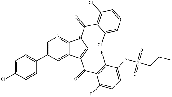 N-(3-(5-(4-クロロフェニル)-1-(2,6-ジクロロベンゾイル)-1H-ピロロ[2,3-B]-ピリジン-3-カルボニル)-2,4-ジフルオロフェニル)プロパン-1-スルホンアミド 化学構造式