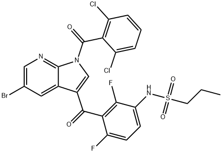 N-(3-(5-ブロモ-1-(2,6-ジクロロベンゾイル)-1H-ピロロ[2,3-B]ピリジン-3-カルボニル)-2,4-ジフルオロフェニル)プロパン-1-スルホンアミド 化学構造式