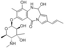 7-[(4,6-ジデオキシ-3-メチル-4-メチルアミノ-α-L-マンノピラノシル)オキシ]-10,11-ジヒドロ-9,11-ジヒドロキシ-8-メチル-2-(1-プロペニル)-5H-ピロロ[2,1-c][1,4]ベンゾジアゼピン-5-オン 化学構造式