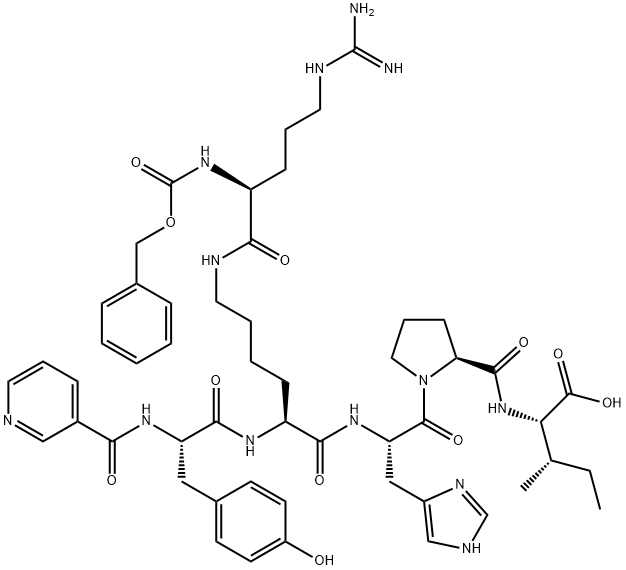 (3-ピリジルカルボニル)-L-Tyr-N6-(Cbz-L-Arg-)-L-Lys-L-His-L-Pro-L-Ile-OH 化学構造式