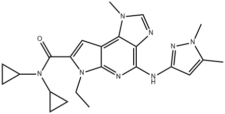 N,N-ジシクロプロピル-6-エチル-1-メチル-4-[(1,5-ジメチル-1H-ピラゾール-3-イル)アミノ]-1,6-ジヒドロ-1,3,5,6-テトラアザ-as-インダセン-7-カルボアミド 化学構造式