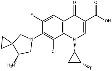 7-[(7R)-7-アミノ-5-アザスピロ[2.4]ヘプト-5-イル]-8-クロロ-6-フルオロ-1-[(1S,2R)-2-フルオロシクロプロピル]-1,4-ジヒドロ-4-オキソ-3-キノリンカルボン酸 化学構造式