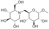 メチル6-デオキシ-6-[(2R,3R,4R,5S)-3,4,5-トリヒドロキシ-2-(ヒドロキシメチル)ピペリジノ]-α-D-グルコピラノシド 化学構造式