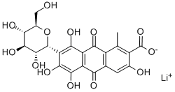 7-α-D-グルコピラノシル-9,10-ジヒドロ-3,5,6,8-テトラヒドロキシ-1-メチル-9,10-ジオキソ-2-アントラセンカルボン酸リチウム 化学構造式