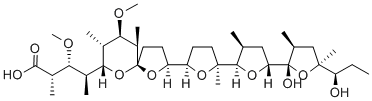 (21S)-21-O,25-セコ-16-デエチル-26-デオキシ-12-デメチル-21,24-エポキシ-25-エチル-7-O,8,16,26-テトラメチルモネンシン 化学構造式