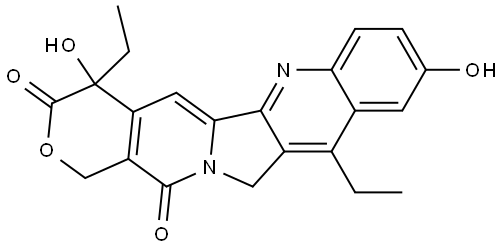 4,11-Diethyl-4,9-dihydroxy-1H-pyrano[3',4':6,7]indolizino[1,2-b]quinoline-3,14(4H,12H)-dione 化学構造式