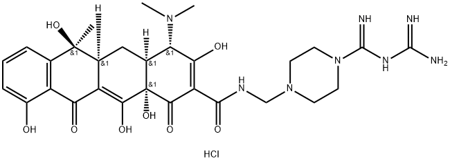 (4S)-N-[[4-(N1-アミジノアミジノ)ピペラジン-1-イル]メチル]-4β-(ジメチルアミノ)-1,4,4aβ,5,5aβ,6,11,12a-オクタヒドロ-3,6α,10,12,12aβ-ペンタヒドロキシ-6-メチル-1,11-ジオキソナフタセン-2-カルボアミド・2塩酸塩 化学構造式