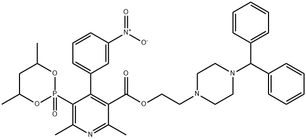 2,6-ジメチル-5-(4,6-ジメチル-2-オキソ-1,3,2-ジオキサホスホリナン-2-イル)-4-(3-ニトロフェニル)-3-ピリジンカルボン酸2-[4-(ジフェニルメチル)ピペラジノ]エチル·3塩酸塩 化学構造式