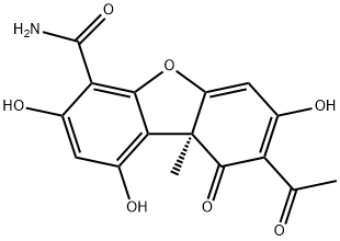 (R)-8-アセチル-9,9a-ジヒドロ-1,3,7-トリヒドロキシ-9aβ-メチル-9-オキソジベンゾフラン-4-カルボアミド 化学構造式