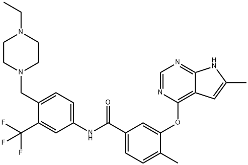 BenzaMide, N-[4-[(4-ethyl-1-piperazinyl)Methyl]-3-(trifluoroMethyl)phenyl]-4-Methyl-3-[(6-Methyl-7H-pyrrolo[2,3-d]pyriMidin-4-yl)oxy]- Struktur