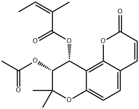 (Z)-2-メチル-2-ブテン酸[(9R)-9-アセトキシ-9,10-ジヒドロ-8,8-ジメチル-2-オキソ-2H,8H-ベンゾ[1,2-b:3,4-b']ジピラン-10α-イル] 化学構造式