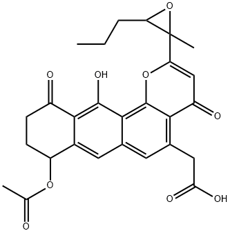 8-アセチルオキシ-8,9,10,11-テトラヒドロ-12-ヒドロキシ-2-(2-メチル-3-プロピルオキシラン-2-イル)-4,11-ジオキソ-4H-アントラ[1,2-b]ピラン-5-酢酸 化学構造式