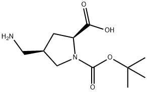 (2S,4R)-4-(aminomethyl)-1-(tert-butoxycarbonyl)pyrrolidine-2-carboxylic acid Struktur
