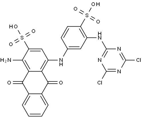 1-アミノ-4-[[3-[(4,6-ジクロロ-1,3,5-トリアジン-2-イル)アミノ]-4-スルホフェニル]アミノ]-9,10-ジヒドロ-9,10-ジオキソ-2-アントラセンスルホン酸 化学構造式