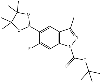 TERT-ブチル6-フルオロ-3-メチル-5-(4,4,5,5-テトラメチル-1,3,2-ジオキサボロラン-2-イル)-1H-インダゾール-1-カルボン酸 化学構造式
