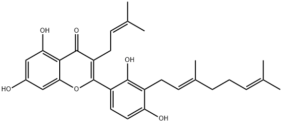 3'-香叶草基-3-异戊烯基-2',4',5,7-四羟基黄酮,1334309-44-2,结构式
