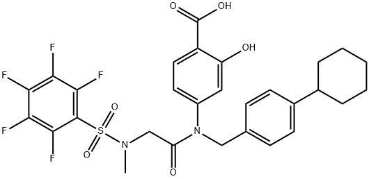 4-[4-シクロヘキシルベンジル[[ペンタフルオロフェニルスルホニル(メチル)アミノ]アセチル]アミノ]-2-ヒドロキシ安息香酸 化学構造式
