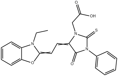 5-[2-(3-エチルベンゾオキサゾール-2(3H)-イリデン)エチリデン]-4-オキソ-3-フェニル-2-チオキソ-1-イミダゾリジン酢酸 化学構造式