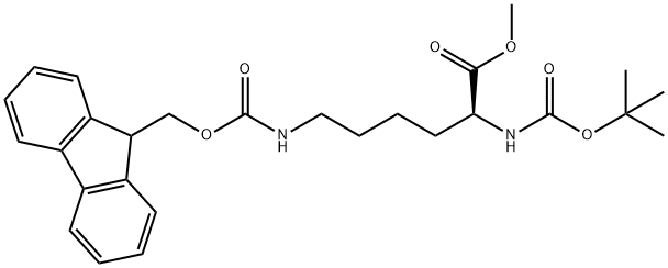 N2-(tert-ブチルオキシカルボニル)-N6-[(9H-フルオレン-9-イルメトキシ)カルボニル]-L-リシンメチル 化学構造式