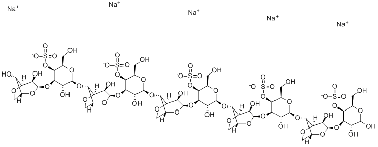 O-3,6-脱水-ALPHA-D-吡喃半乳糖基-(1-3)-O-4-O-磺基-BETA-D-吡喃半乳糖基-(1-4)-O-3,6-脱水-ALPHA-D-吡喃半乳糖基-(1-3)-O-4-O-磺基-BETA-D-吡喃半乳糖基-(1-4)-O-3,6-脱水-ALPHA-D-吡喃半乳糖基-(1-3)-O-4-O-磺基-BETA-D-吡喃半乳糖基-(1-4)-O-3,6-脱水-ALPHA-D-吡喃半乳糖基-(1-3)-O-4-O-磺基-BETA-D-吡喃半乳糖基-(1-4)-O-3,6-脱水-ALPHA-D-吡喃半乳糖基-(1-3)-D-半乳糖 4-(硫酸氢酯)五钠盐, 133628-75-8, 结构式