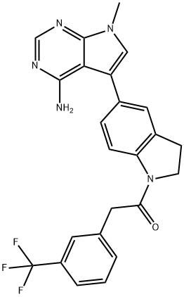 7-メチル-5-[1-[2-[3-(トリフルオロメチル)フェニル]アセチル]-2,3-ジヒドロ-1H-インドール-5-イル]-4-アミノ-7H-ピロロ[2,3-d]ピリミジン 化学構造式