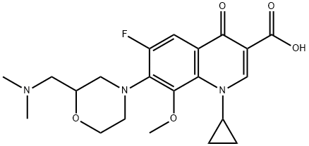 3-Quinolinecarboxylic acid, 1-cyclopropyl-7-[2-[(diMethylaMino)Methyl]-4-Morpholinyl]-6-fluoro-1,4-dihydro-8-Methoxy-4-oxo- 结构式