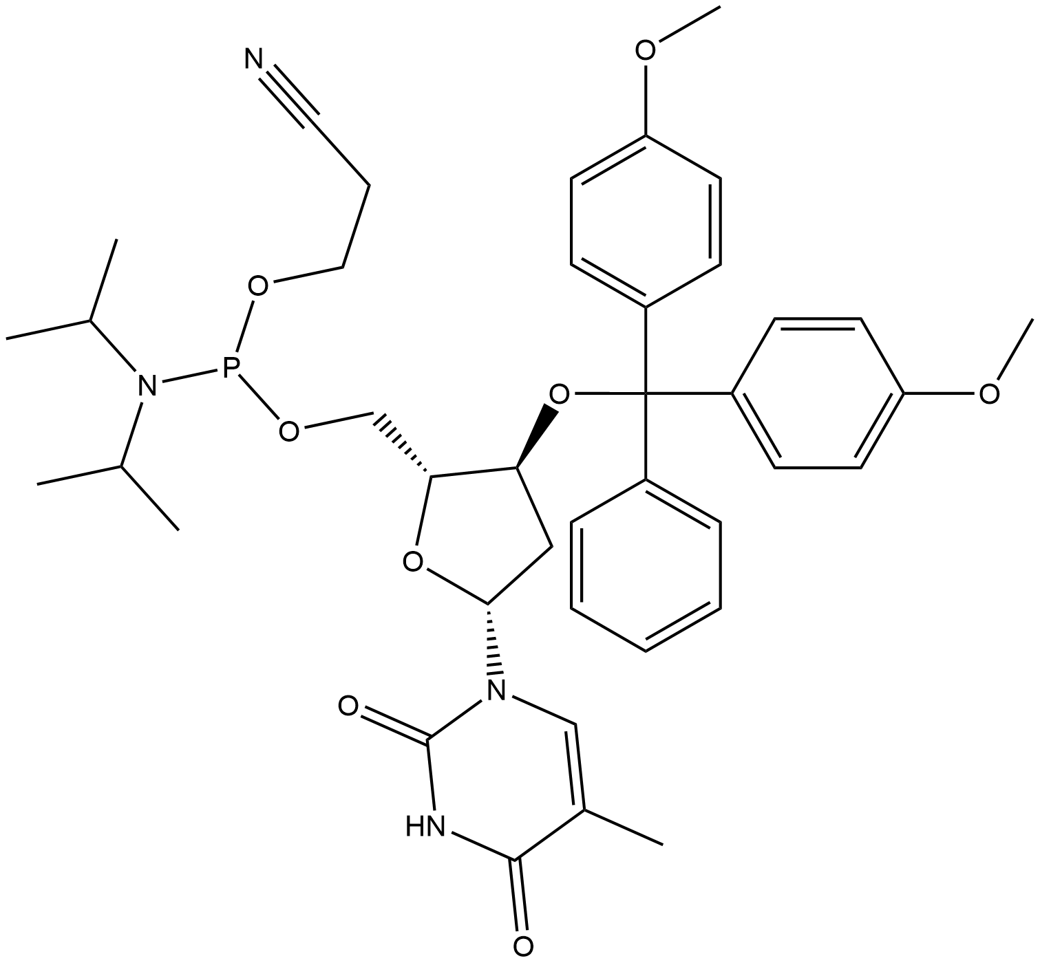 5'-O-[(N,N-DIISOPROPYLAMINO)-(2-CYANOETHOXY)PHOSPHINYL]-3'-O-(4,4'-DIMETHOXYTRITYL)-THYMIDINE Struktur