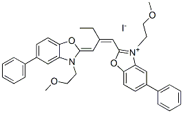 3-(2-methoxyethyl)-2-[2-[[3-(2-methoxyethyl)-5-phenyl-3H-benzoxazol-2-ylidene]methyl]but-1-enyl]-5-phenylbenzoxazolium iodide Struktur